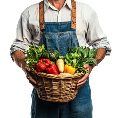 Farmer in Overalls Holding Basket of Fresh Vegetables on White Background