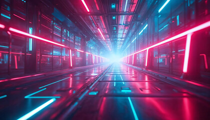 Futuristic Corridor: The image presents a dynamic, futuristic corridor bathed in an artificial glow. Neon lines of vibrant pink and cyan intersect, creating an environment of technological complexity.