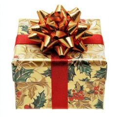 Beautifully Wrapped Gift Box with Glossy Red Bow and Ornamentation