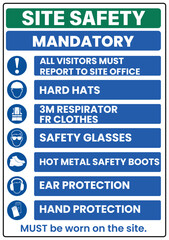 Site Safety Mandatory PPE Sign - All Visitors Report Hard Hats Respirator Glasses Boots Ear Hand Protection
