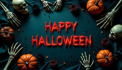 "Happy Halloween" written in bold red letters on a black background, surrounded by spooky elements like pumpkins, bats, spiders, and bones for a creepy festive vibe.
