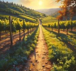 Fototapeta premium Illustration of path in wineyard field.