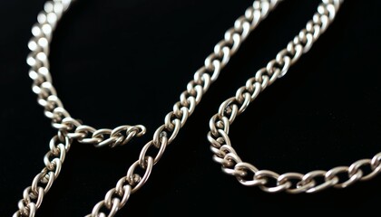 Close-up Silver Chain Resting on a Black Background Creating a Minimalist Design