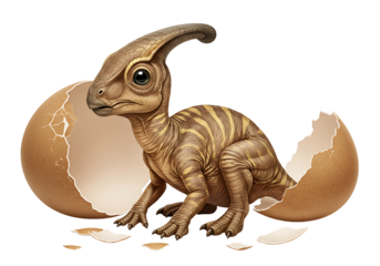 A parasaurolophus dinosaur hatchling emerging from a cracked egg set against a black background