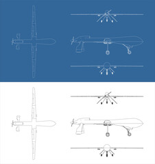 Vector UAV military drone line art draw blueprint wireframe from all view top front side back isolated in transparent background

