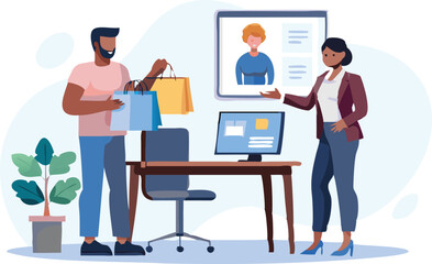 A man holding shopping bags stands in an office where a woman points to a computer screen with a video call