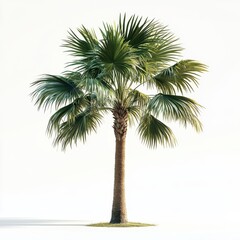 Fototapeta premium Slender Trunk Palm Tree with Large Fan-Like Leaves Against White Background