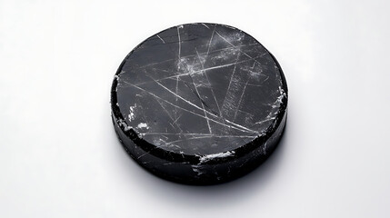 Used black ice hockey puck shows grit and determination, symbolizing sports and athletic competition