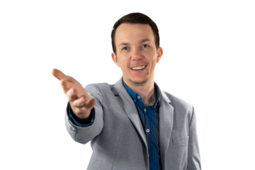 Smiling man in formal outfit reaching hand toward camera in a friendly welcoming gesture symbolizing invitation or partnership. Isolated portrait. Transparent png