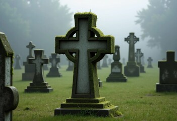 In an abandoned cemetery, mist drapes over moss-covered crosses, creating an eerie yet serene atmosphere as the day begins. Nature reclaims the space, shrouding graves in silence Generative AI