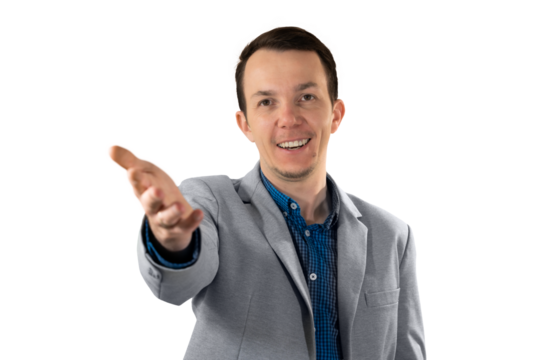 Smiling man in formal outfit reaching hand toward camera in a friendly welcoming gesture symbolizing invitation or partnership. Isolated portrait. Transparent png