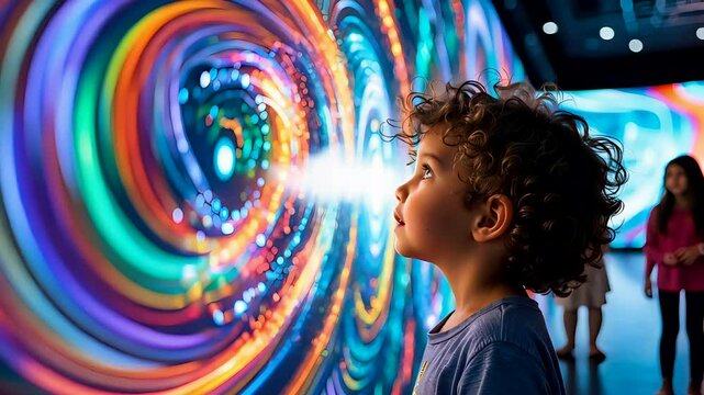 Curious child observing colorful swirling light tunnel in interactive digital science exhibition environment