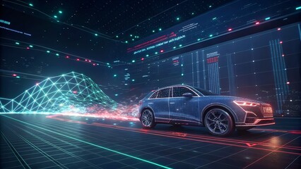 Futuristic electric SUV driving on a digital highway, glowing lines, data visualization, city skyline backdrop