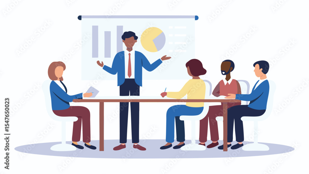 Poster man presenting charts and pie graph to a group of diverse colleagues seated at a conference table to