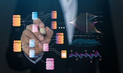 Business analytics, complex data with dashboards, multitasking expert data analyzing financial statistics, market research and digital marketing metrics, KPI, ROI, big data, financial planning