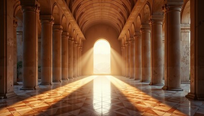 A grand architectural interior with tall columns and a large arched doorway. Sunlight streams through, illuminating the marble floor and creating dramatic shadows.