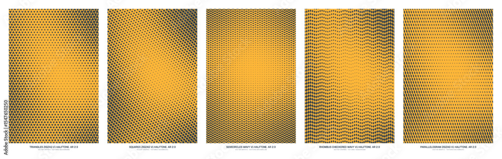 Poster assorted vector black yellow halftone textures set in vertical 2:3 aspect ratio including zigzag tri