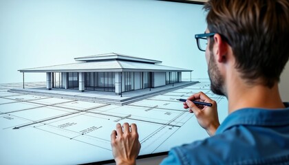 A young Caucasian man with brown hair and glasses sketches a modern architectural design on a digital screen. The design features a contemporary house layout.