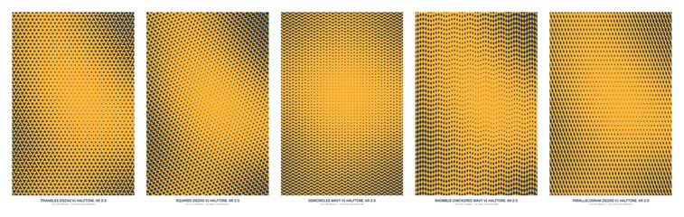 Assorted vector black yellow halftone textures set in vertical 2:3 aspect ratio including zigzag triangle, square, parallelogram and wavy semicircles and checkered rhombus grids. Half tone design