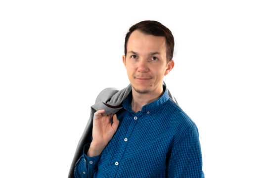 Casually dressed man holding grey blazer over shoulder while smiling confidently, representing relaxed yet professional attitude. Isolated portrait. Transparent png