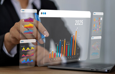 Human with 2025 new year target sale profit and arrow business financial investment graph, business...