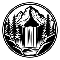 Mountain landscape with waterfall and trees isolated on white background