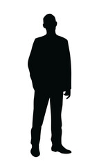 Black silhouette of a standing man in casual posture, minimalist graphic style on a white background. Concept of anonymity, simplicity, identity. Vector illustration