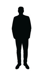 Silhouette of a man standing with hands in pockets, minimalistic black graphic style, isolated on white background. Concept of anonymity and mystery. Vector illustration