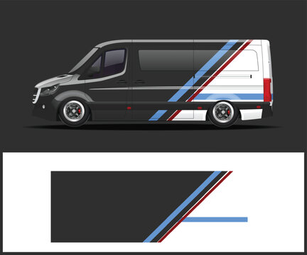 Modern van with dynamic racing stripes and abstract graphic design for vehicle wrap