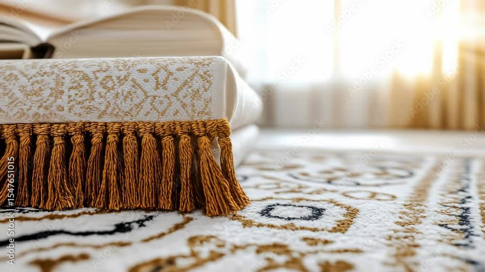 Poster a close-up view of an elegantly designed area rug featuring intricate patterns and a soft color pale