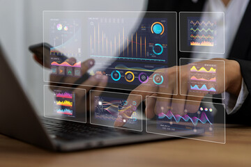 Business analytics, complex data with dashboards, multitasking expert data analyzing financial statistics, market research and digital marketing metrics, KPI, ROI, big data, financial planning