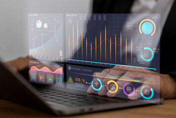 Business analytics, complex data with dashboards, multitasking expert data analyzing financial statistics, market research and digital marketing metrics, KPI, ROI, big data, financial planning