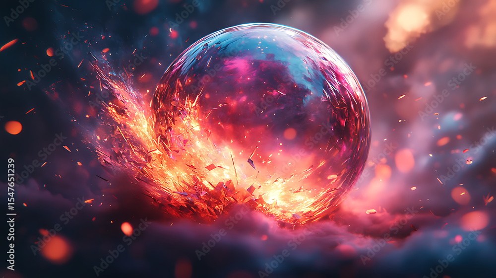 Poster fiery orb collision a translucent sphere breaking with intense energy and debris in a cloudscape