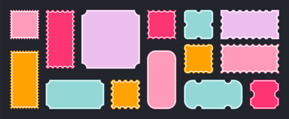 Tickets and coupons backgrounds, empty bright stickers in retro and vintage elegant style, frames and borders with ticket stabbing. Vector illustration.
