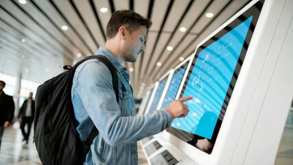 Man uses touchscreen kiosk at modern airport terminal - Powered by Adobe