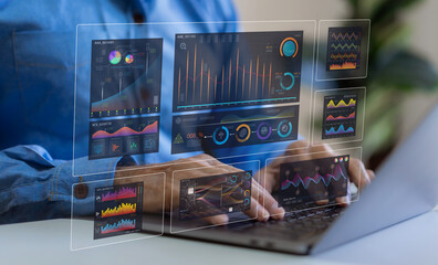 Business analytics, complex data with dashboards, multitasking expert data analyzing financial...