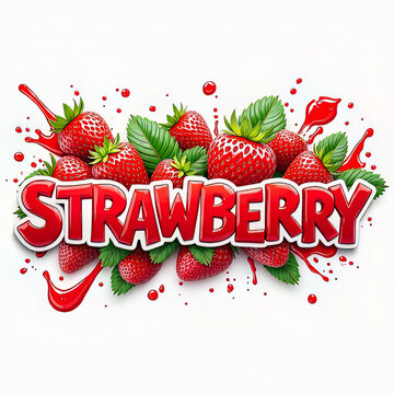 A vibrant image featuring a cluster of ripe strawberries surrounded by splashes of juice, with the word Strawberry prominently displayed in bold, glossy lettering.

