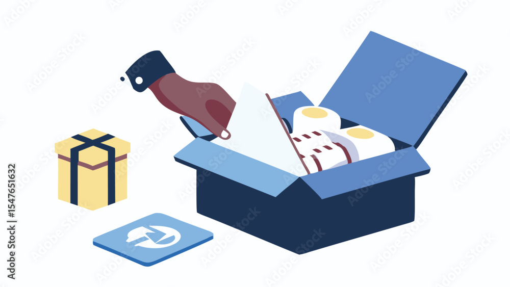 Aufkleber hand placing a white document into an open blue box filled with items next to a package and a tile