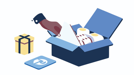 Hand placing a white document into an open blue box filled with items next to a package and a tile