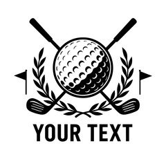 Golf logo vector with golf ball, crossed clubs, laurel wreath, customizable text, sports emblem design
