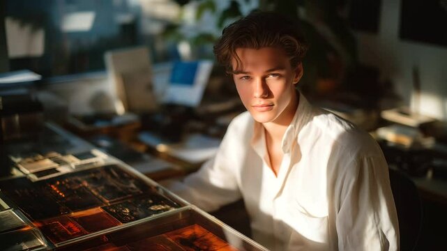 Photographer Developing Film in Darkroom with Natural Light Effects