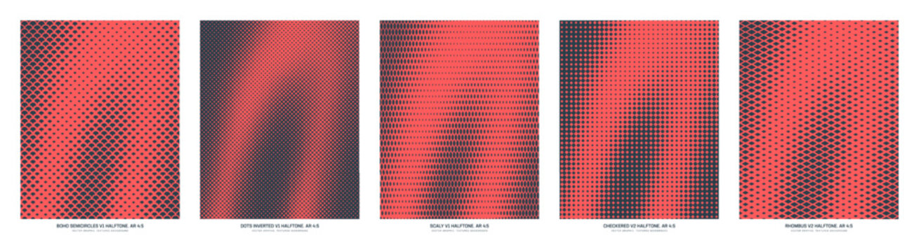 Assorted vector red black halftone patterns smooth dynamic textures set in vertical 4:5 aspect ratio including semicircle, inverted dots, scale, checkered squares and rhombus grids. Half tone designs