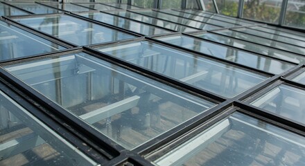 Obraz premium Modern Glass Skylight Roof with Black Frames and Metal Supports
