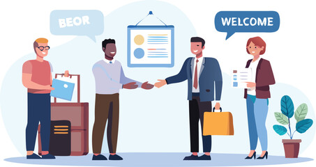 Obraz premium Illustration of people welcoming a new employee with handshake and speech bubbles in an office setting