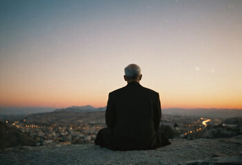 An elderly man sits peacefully on a stone, gazing at the horizon where the sun sets behind distant mountains, embodying tranquility and the essence of Sabbath rest in the evening light Generative AI