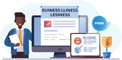Illustration of a businessman standing next to a computer and laptop displaying business information