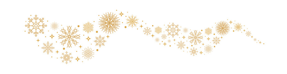 Sparkles stars, snowflakes border. Christmas banner. Gold snowflakes wave dot particles isolated on transparent background. Seamless pattern for New Year invitation, gritting card. Vector illustration
