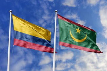 Colombian and Mauritanian flags proudly wave together, symbolizing international relations,...