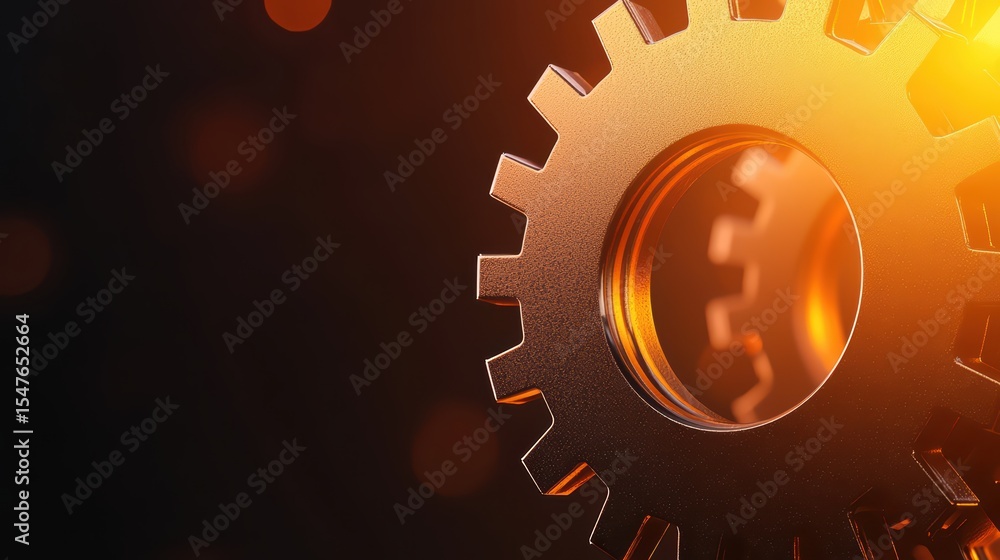 Aufkleber close-up view of a metallic gear in warm light with abstract background for industrial and engineeri