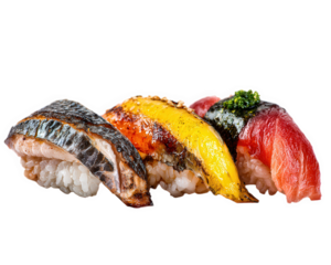 Three pieces of sushi nigiri with grilled fish, tamago egg, and tuna, arranged in row on transparency background, showcasing vibrant colors and fresh ingredients
